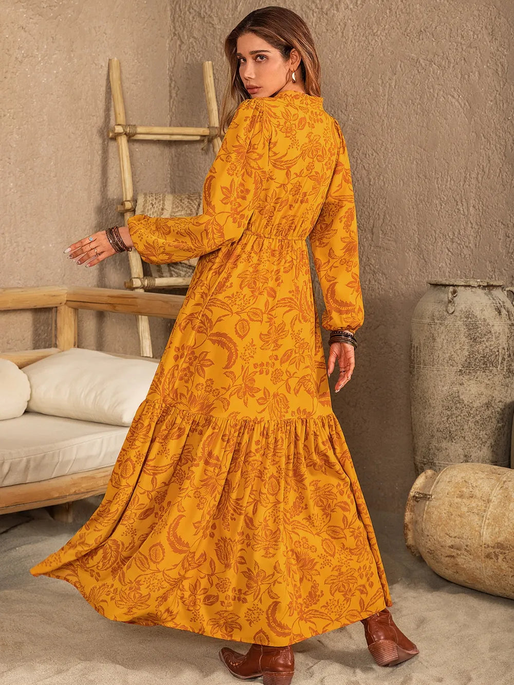 Printed Notched Balloon Sleeve Dress-Nordavory