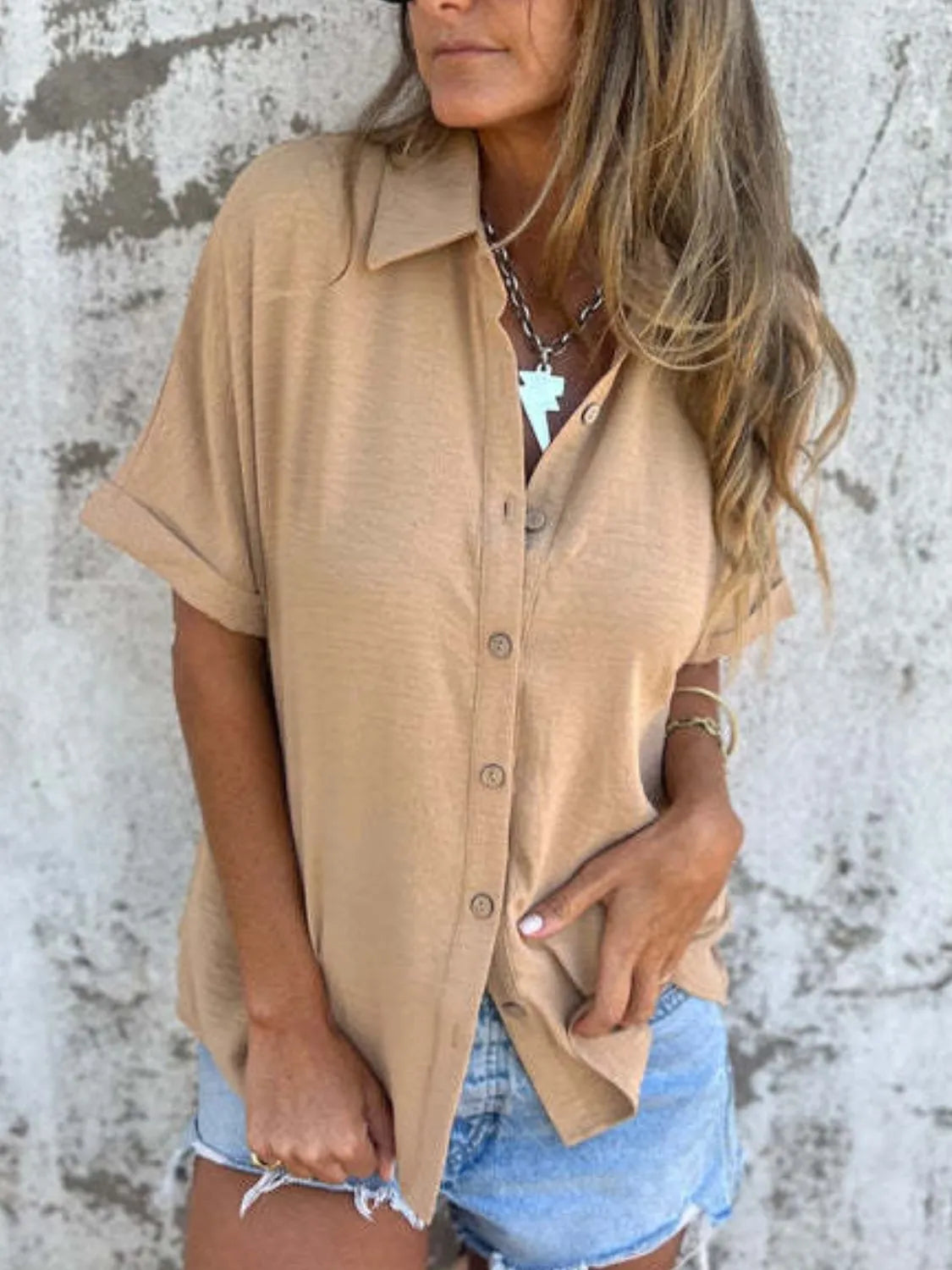 Full Size Collared Neck Half Sleeve Shirt Plus Size-Nordavory
