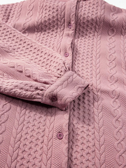 Cable Texture Puff Sleeve Loose Shacket-Nordavory