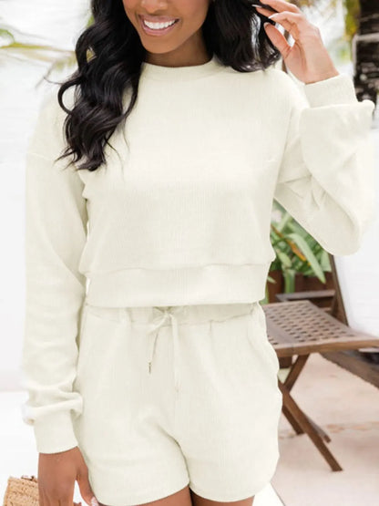 Ribbed Round Neck Long Sleeve Top and Shorts Set-Nordavory