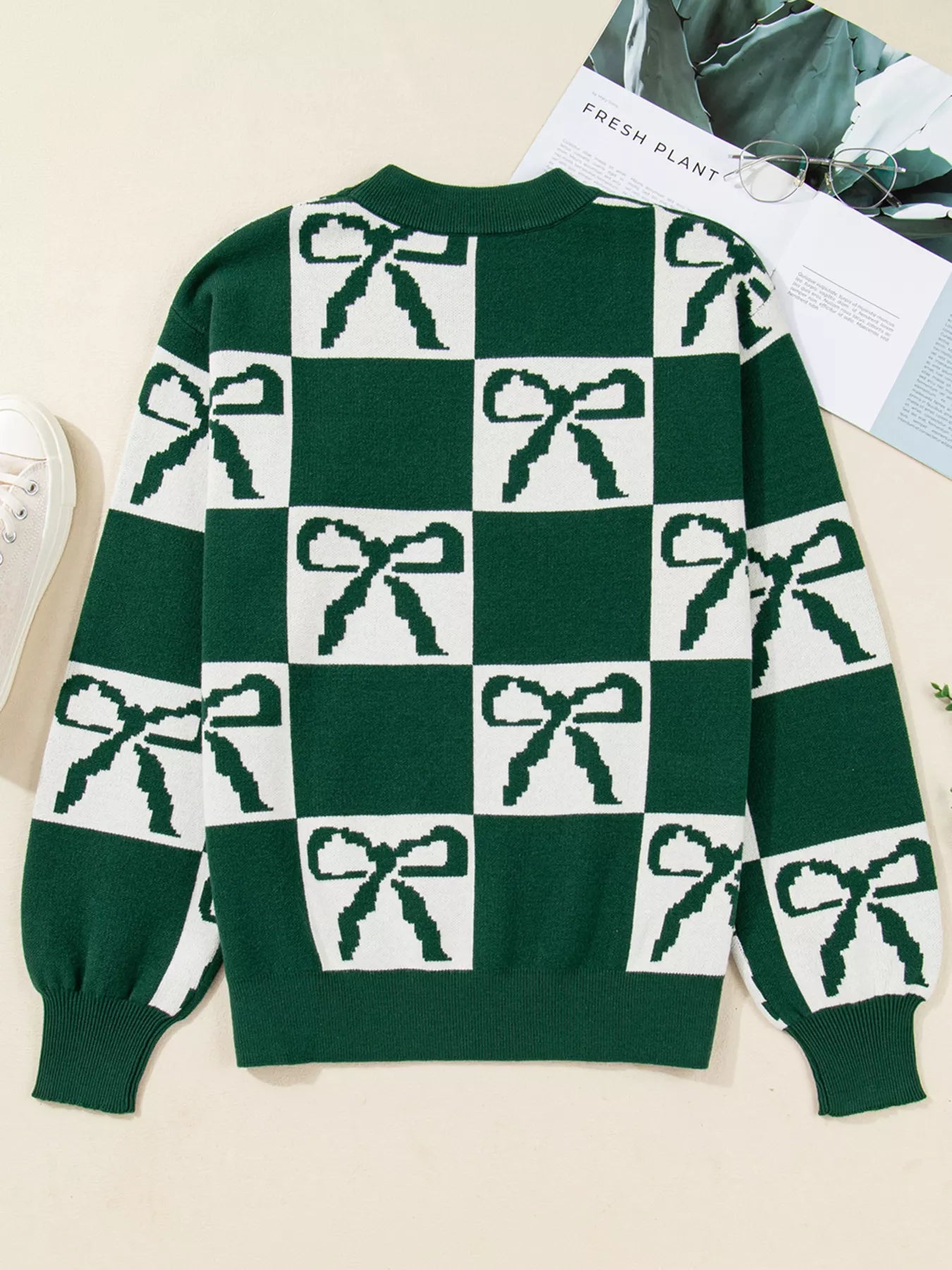 Checkered Bow Round Neck Casual Sweater-Nordavory