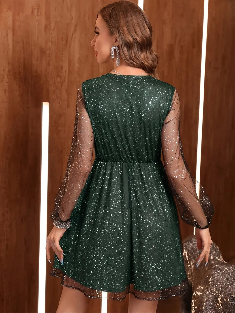 Glitter Surplice Long Sleeve Mini Dress-Nordavory