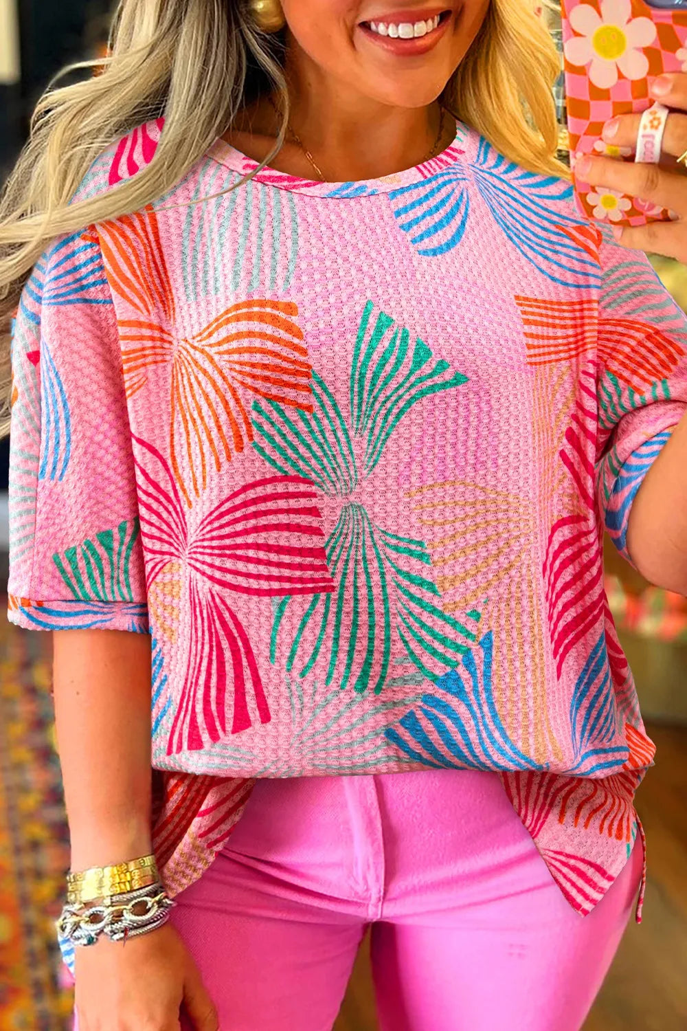 Printed Waffle Knit Oversized T-Shirt-Nordavory