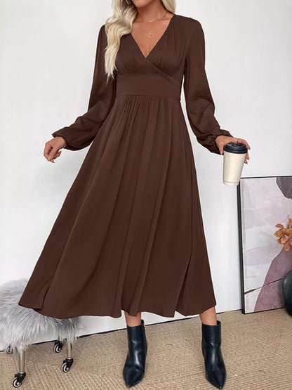 V-Neck Balloon Sleeve Midi Dress-Nordavory