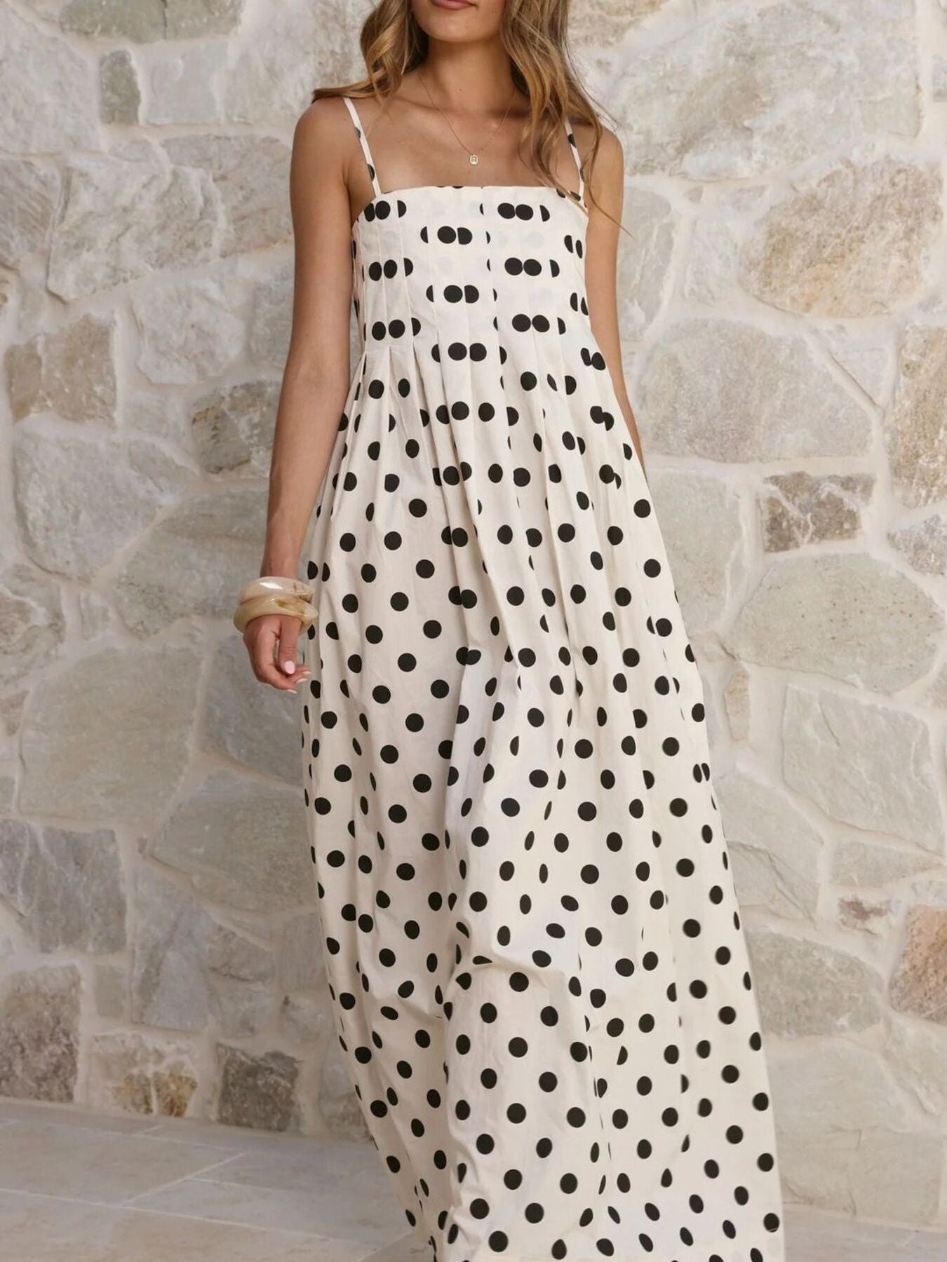 Polka Dot Pleated Detail Maxi Dress-Nordavory