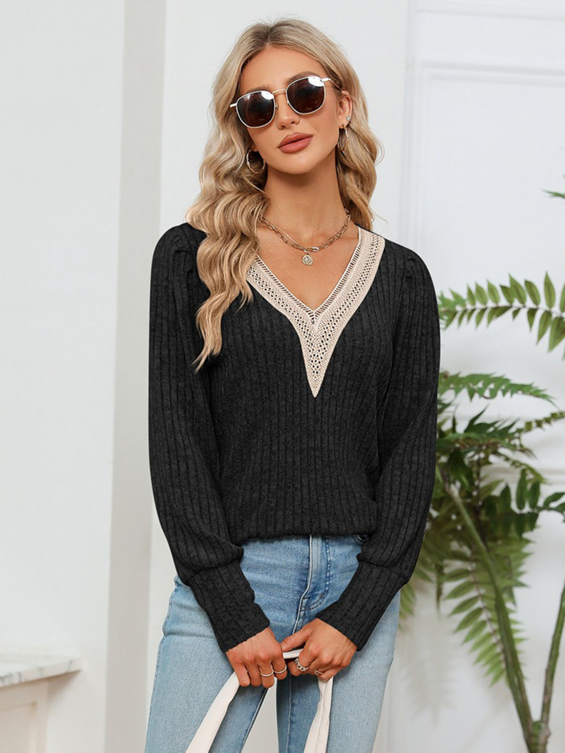 Lace Detail V-Neck Ribbed Blouse-Nordavory