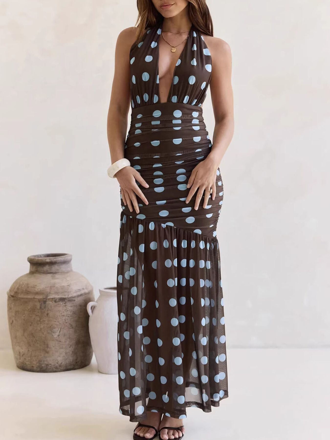 Polka Dot Halter Ruched Maxi Dress-Nordavory