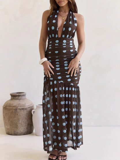 Polka Dot Halter Ruched Maxi Dress-Nordavory