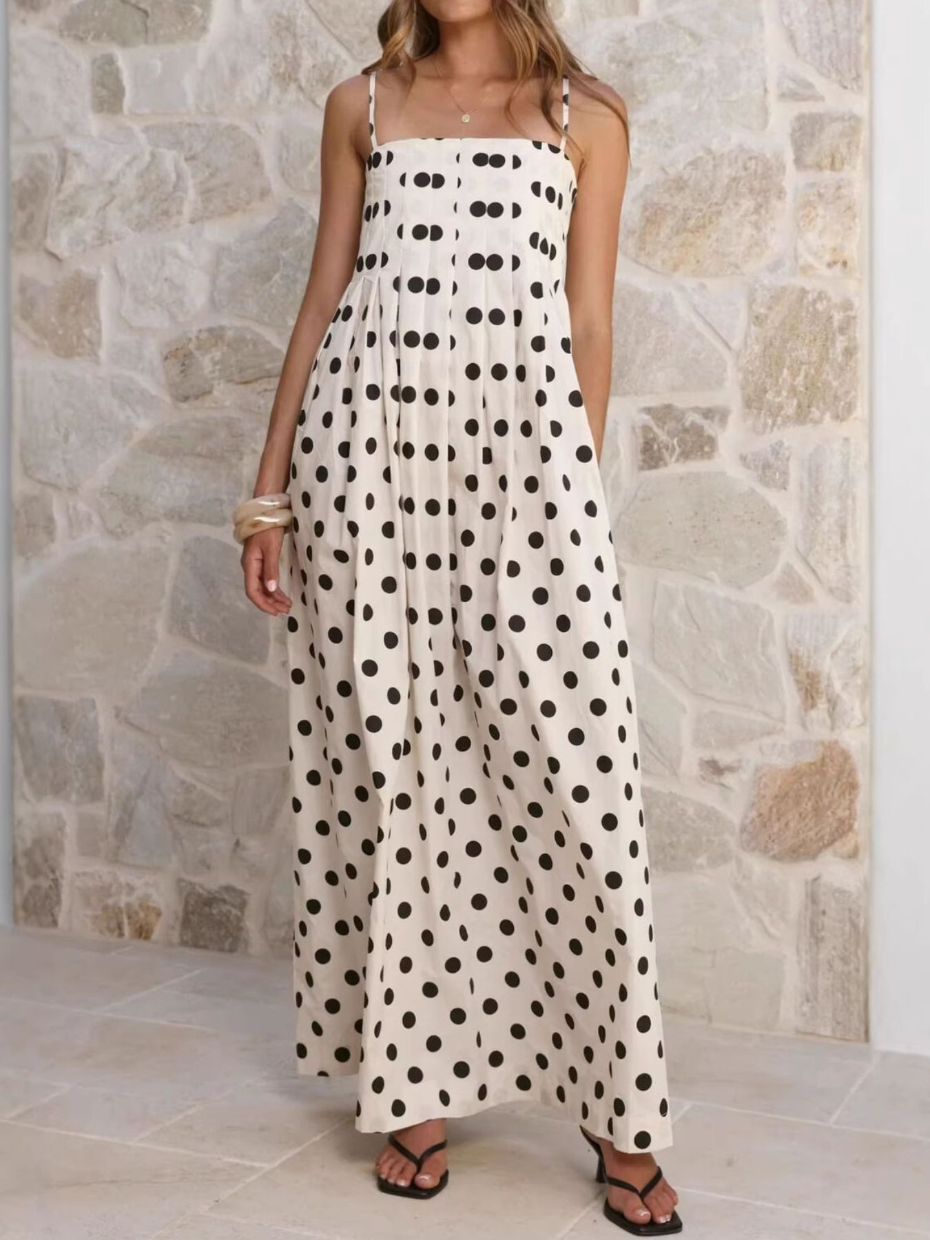 Polka Dot Pleated Detail Maxi Dress-Nordavory