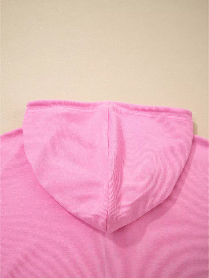 Solid Color Ribbed Zip Up Drawstring Hooded Jacket-Nordavory