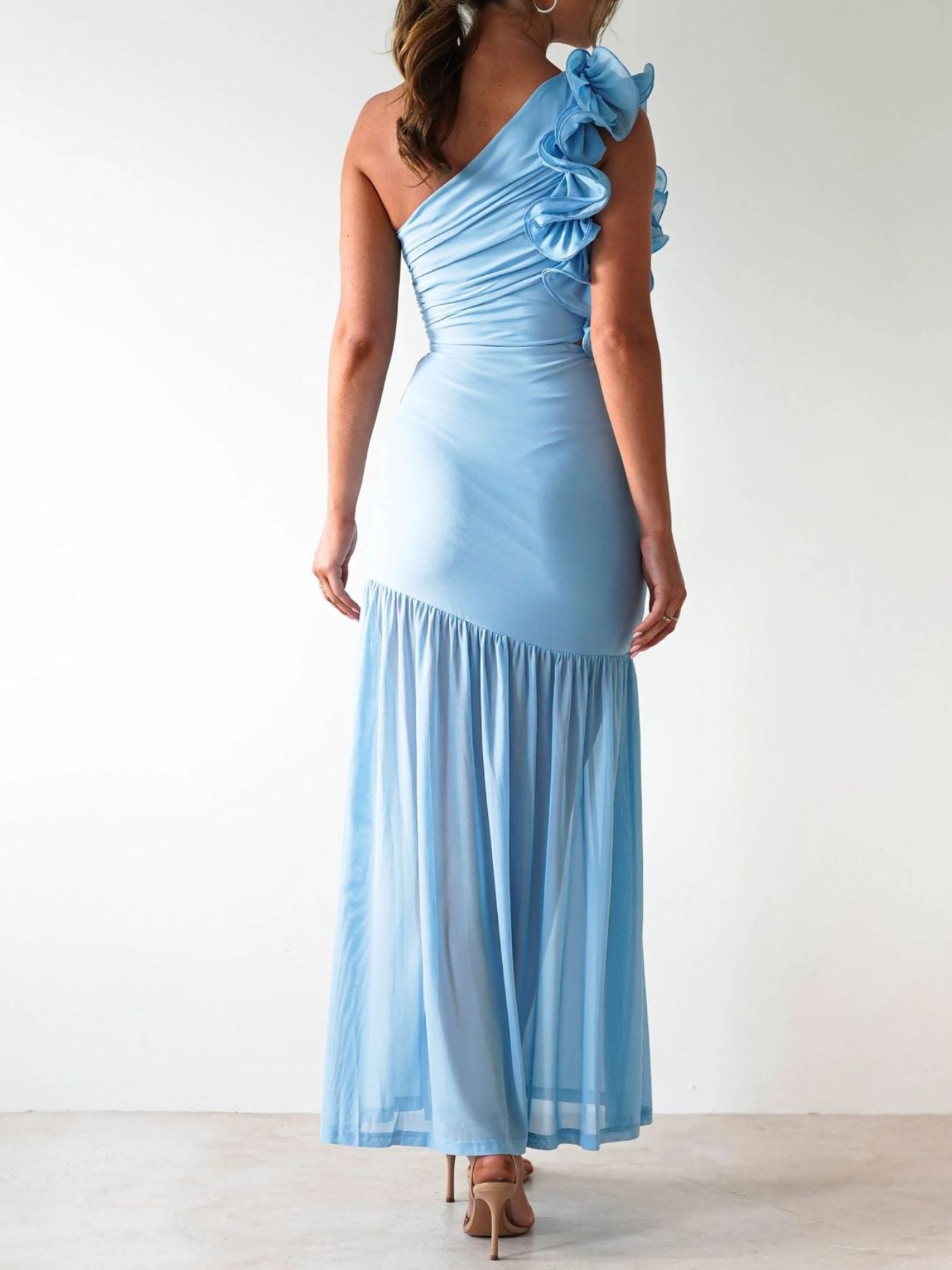 One-Shoulder Ruffle Trim Maxi Dress-Nordavory