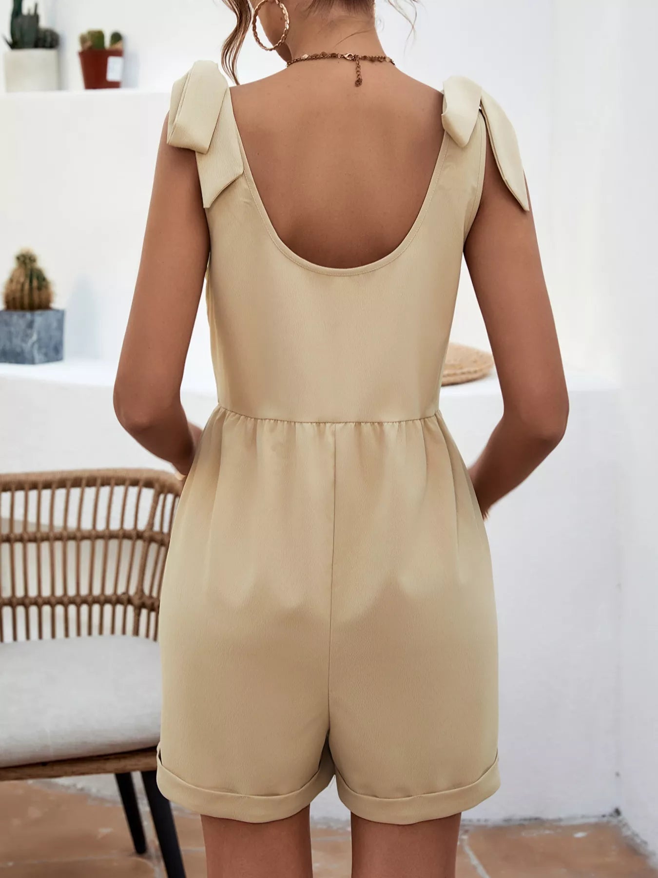 Tie Shoulder Romper with Front Pockets-Nordavory