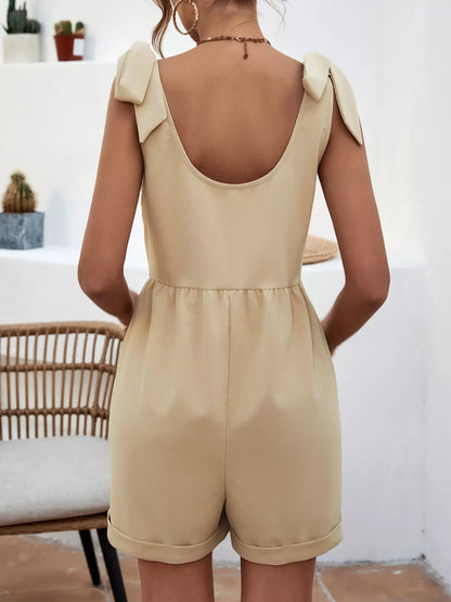 Tie Shoulder Romper with Front Pockets-Nordavory