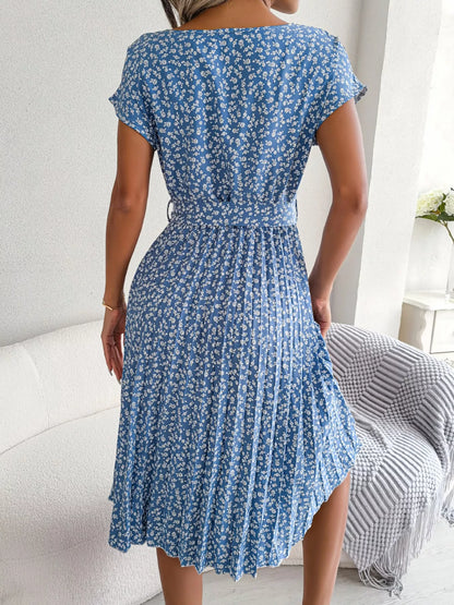 Floral Print Pleated Midi Dress with Belt-Nordavory