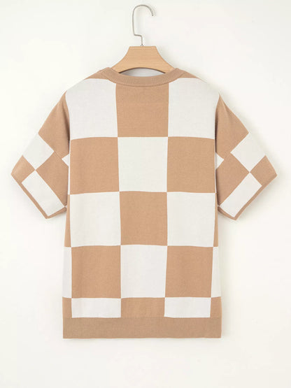 Checkered Pattern Loose Drop Shoulder Half Sleeve Sweater-Nordavory