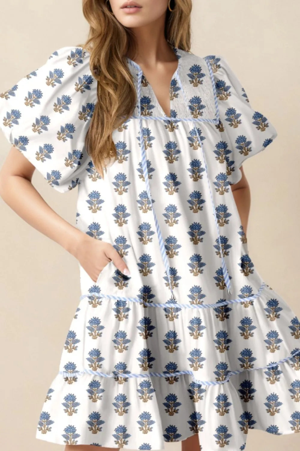 Floral Puff Sleeve Mini Dress with Pockets-Nordavory