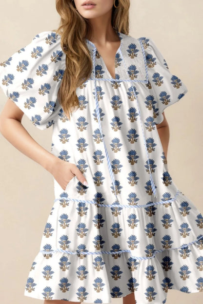 Floral Puff Sleeve Mini Dress with Pockets-Nordavory