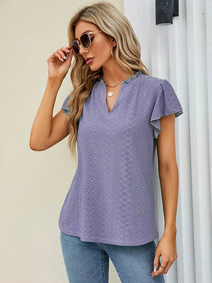 Eyelet Notched Short Sleeve T-Shirt-Nordavory