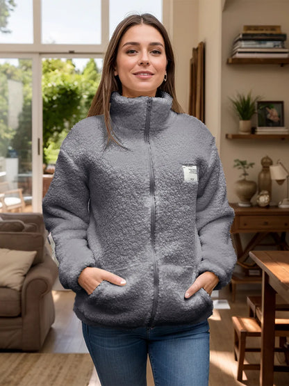 Full Size Turtleneck Zip Up Long Sleeve Sherpa Jacket-Nordavory