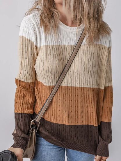 Colorblock Cable Knit Round Neck Sweater-Nordavory