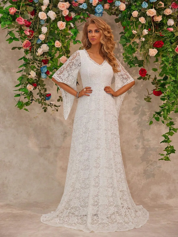 Lace V-Neck Floor length Dress-Nordavory