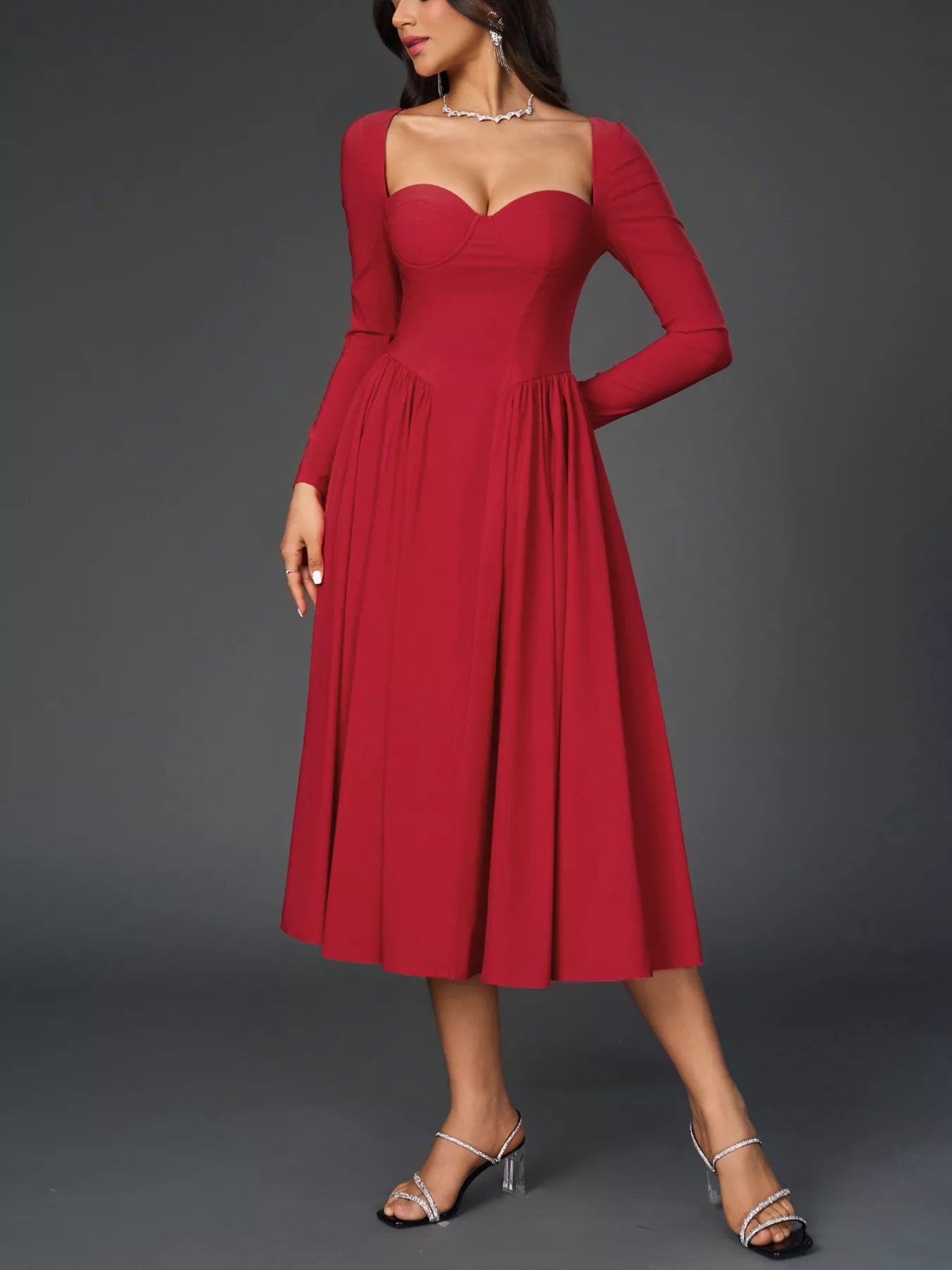Sweetheart Neckline Long Sleeve A-Line Midi Dress-Nordavory