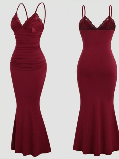 Lace Trim Ruched Mermaid Dress-Nordavory