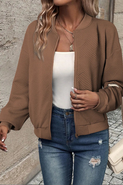 Textured Zip Up Baseball Collar Jacket-Nordavory