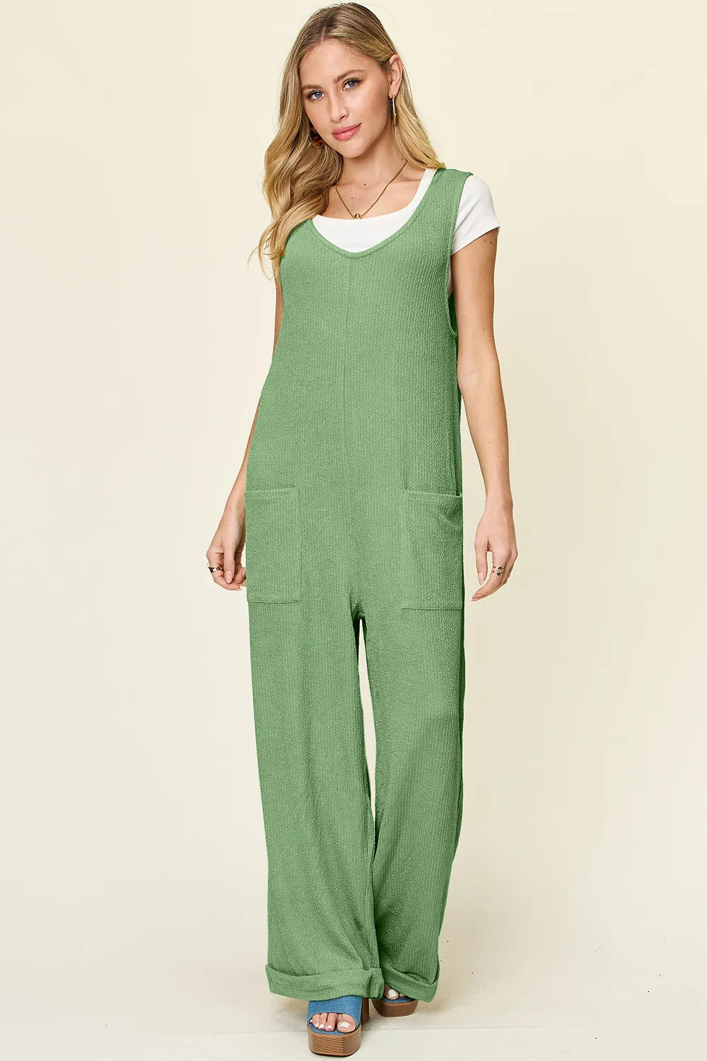 Double Take Full Size Texture Sleeveless Wide Leg Jumpsuit-Nordavory
