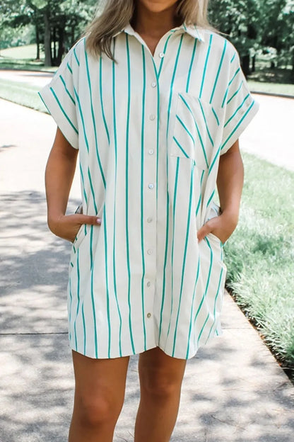 St Patricks Striped Wide Short Sleeve Shift Mini Shirt Dress-Nordavory