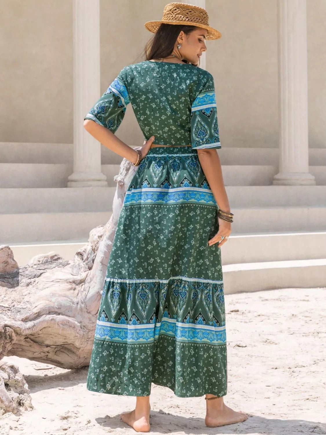 Tie Front Half Sleeve Top and Skirt Set-Nordavory