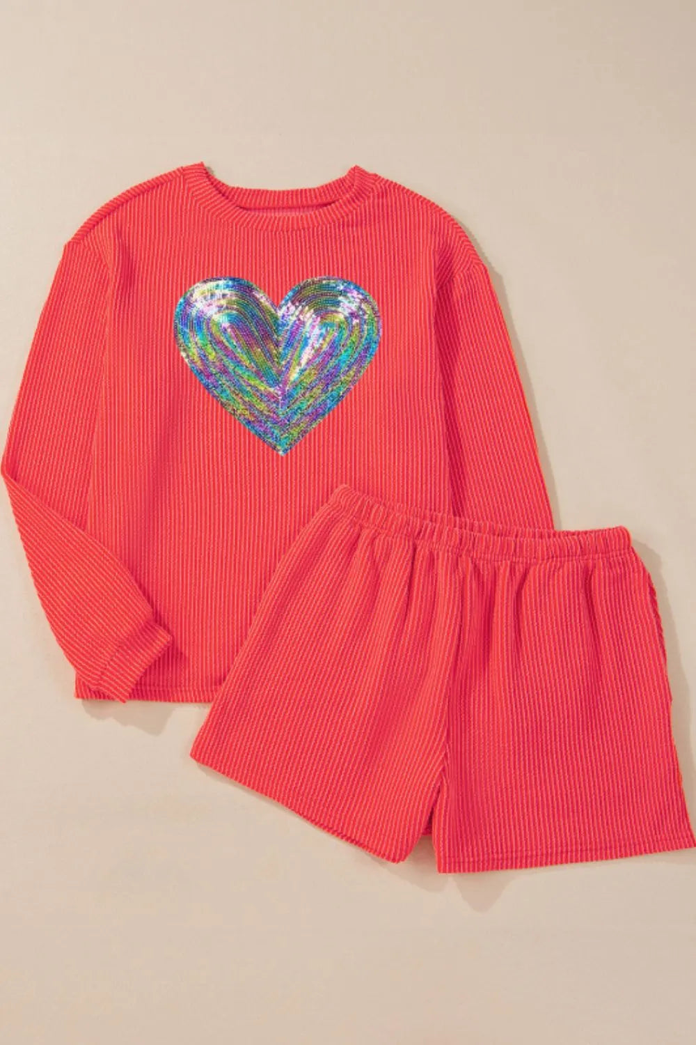 Sequin Heart Round Neck Long Sleeve Top and Shorts Set-Nordavory