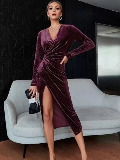 Velvet Ruched Slit Midi Dress-Nordavory