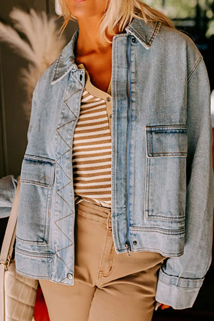 Zip Up Drop Shoulder Denim Jacket-Nordavory