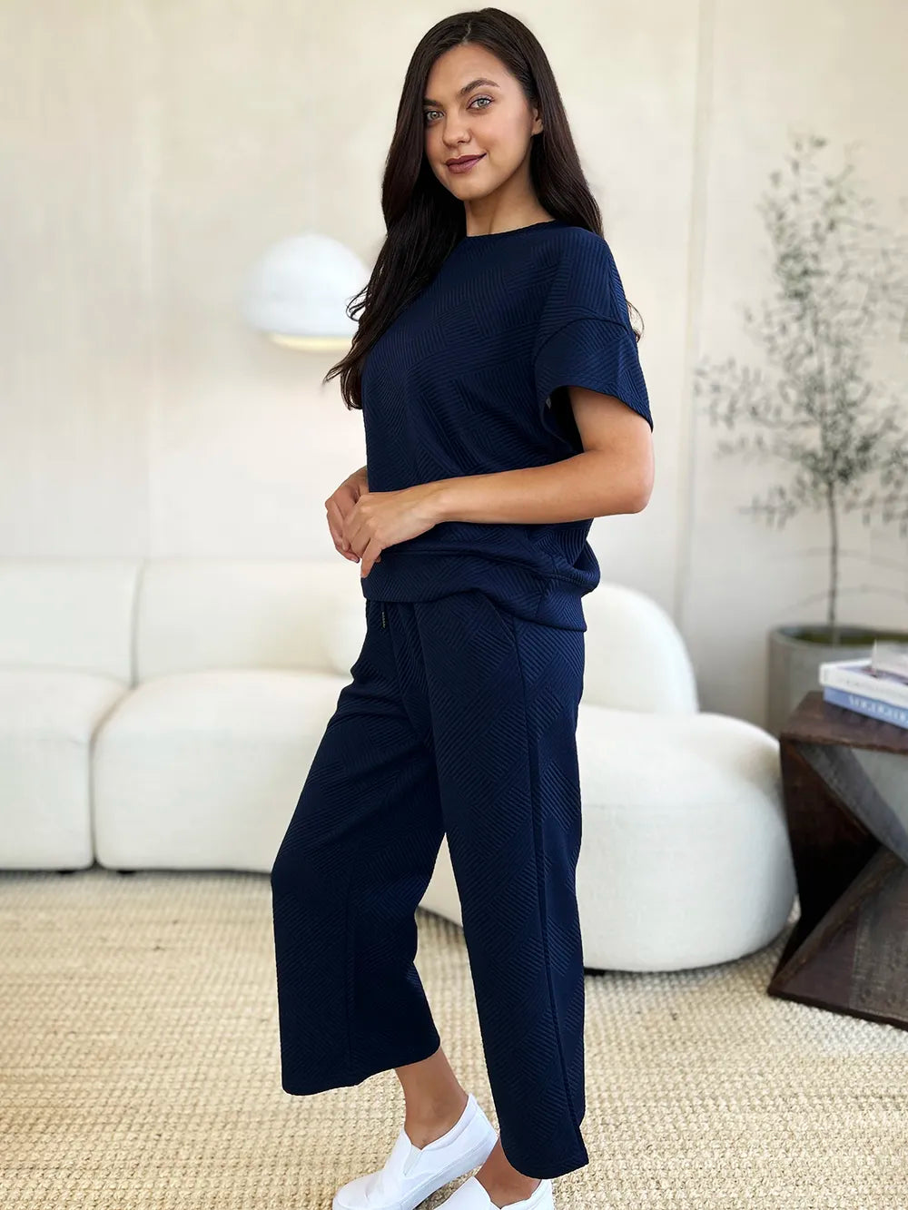 Double Take Full Size Texture Short Sleeve Top and Pants Set-Nordavory