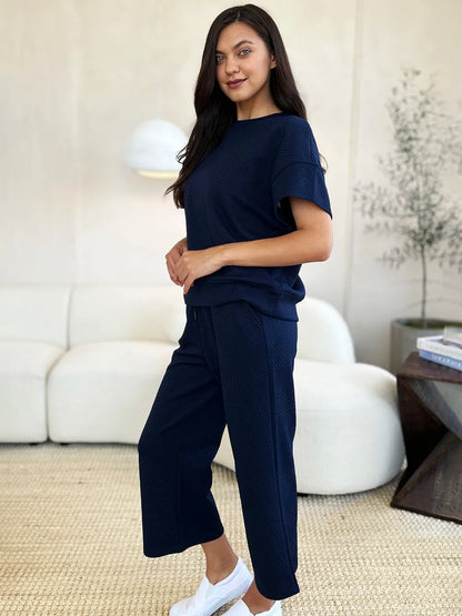Double Take Full Size Texture Short Sleeve Top and Pants Set-Nordavory