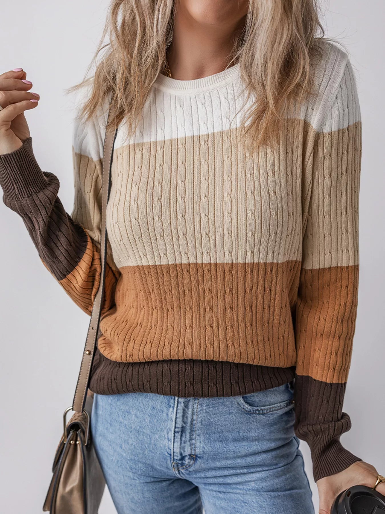 Colorblock Cable Knit Round Neck Sweater-Nordavory