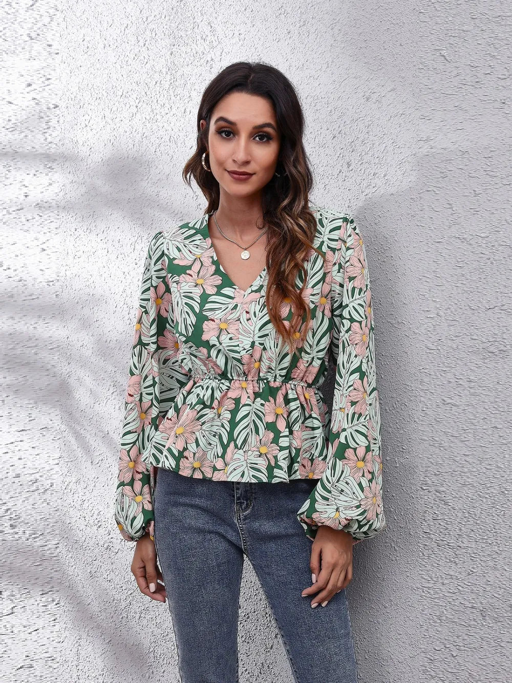Floral V-Neck Balloon Sleeve Peplum Blouse-Nordavory
