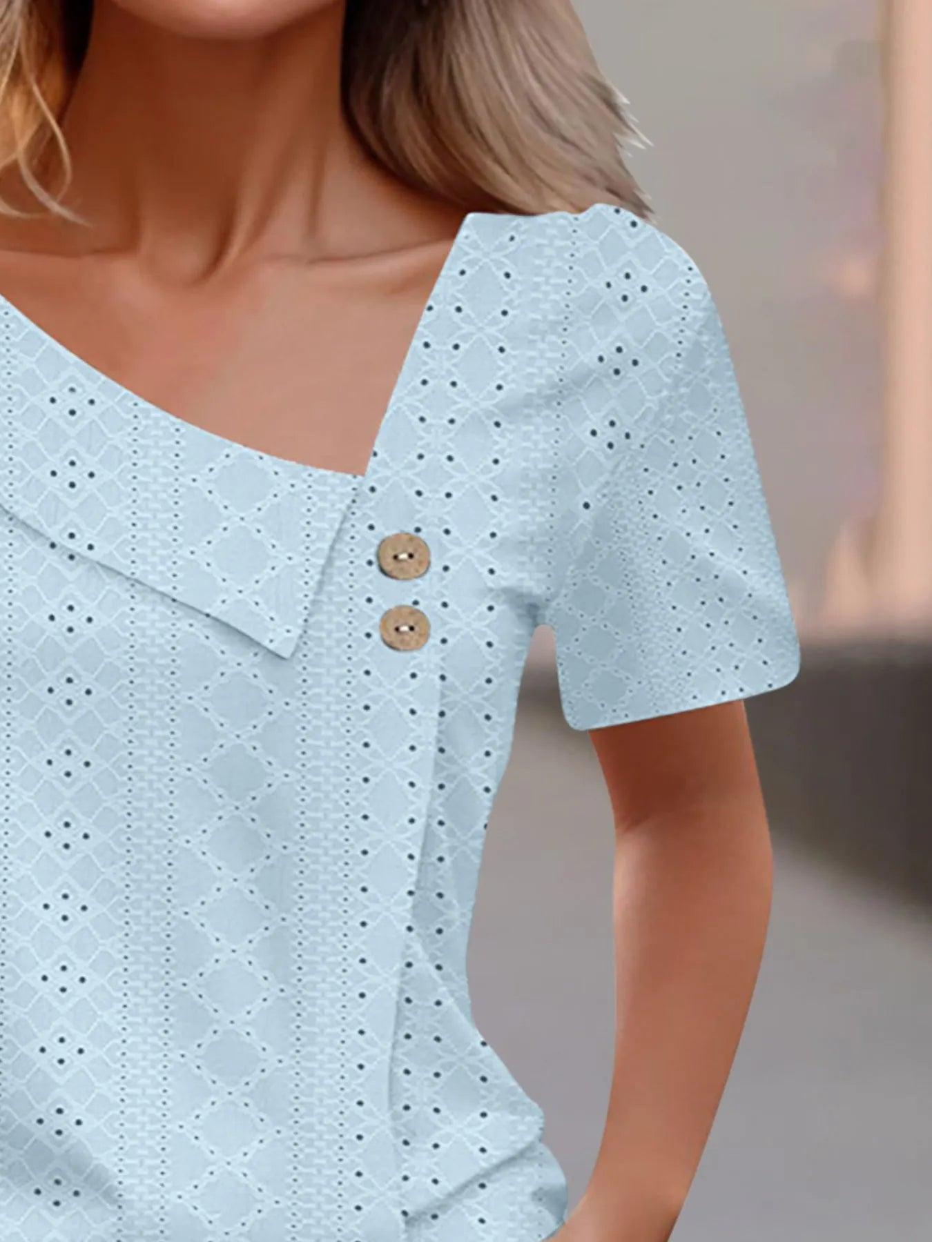 Eyelet Asymmetrical Short Sleeve T-Shirt-Nordavory