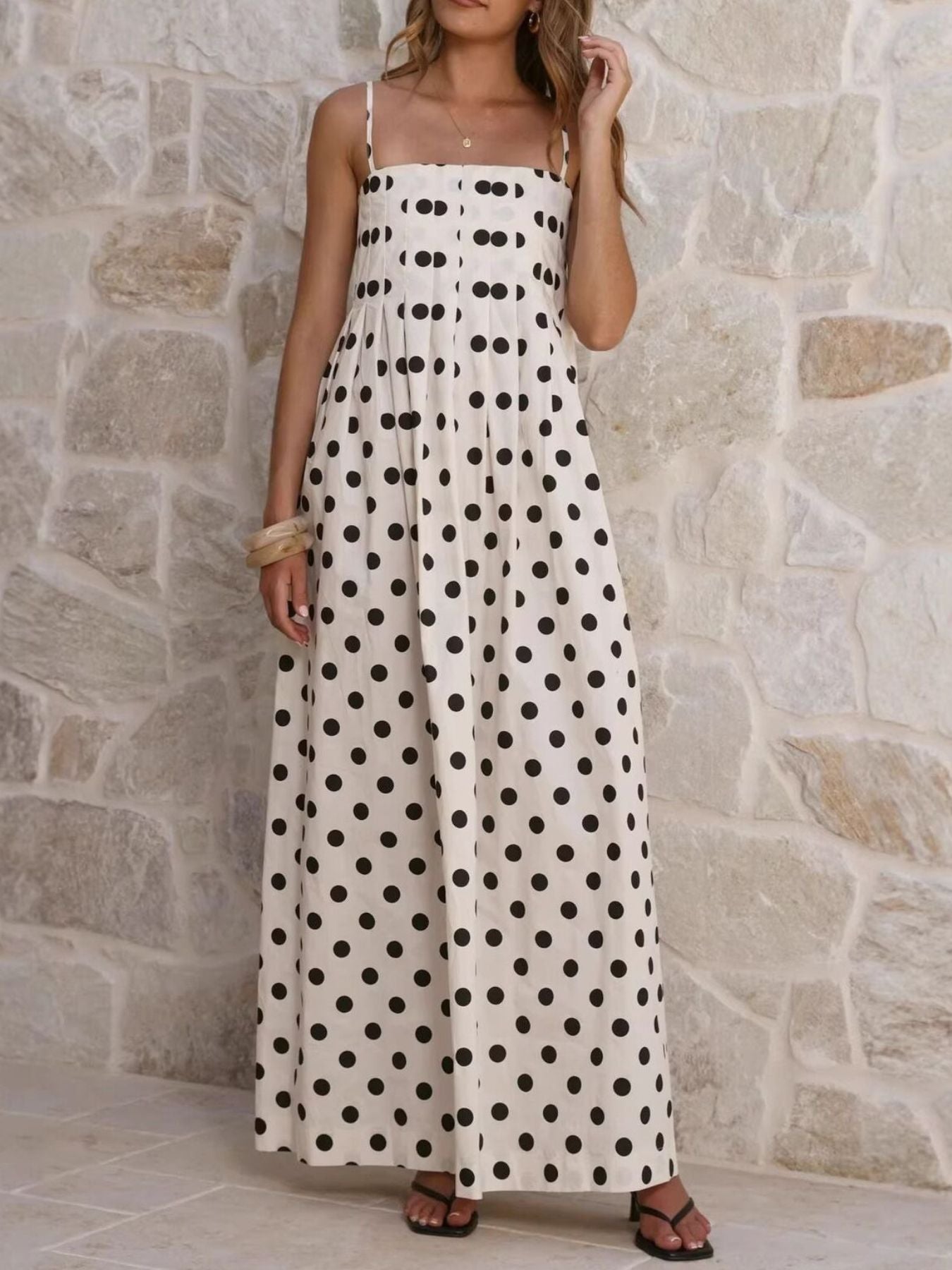 Polka Dot Pleated Detail Maxi Dress-Nordavory