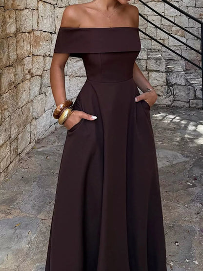 Off-Shoulder A-Line Maxi Dress-Nordavory
