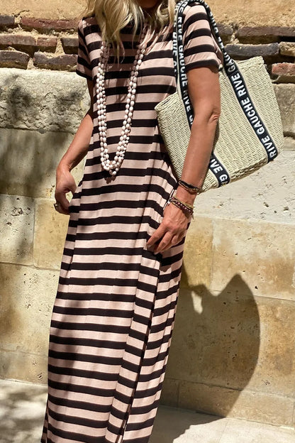 Stripe Casual Round Neck Tee Dress with Pockets-Nordavory