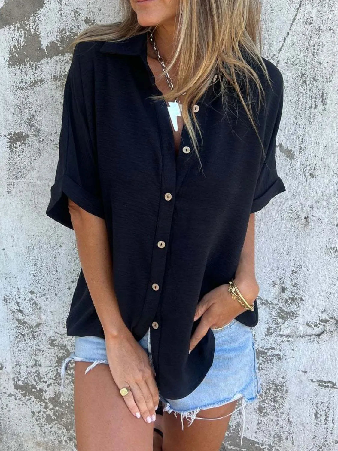 Full Size Collared Neck Half Sleeve Shirt Plus Size-Nordavory