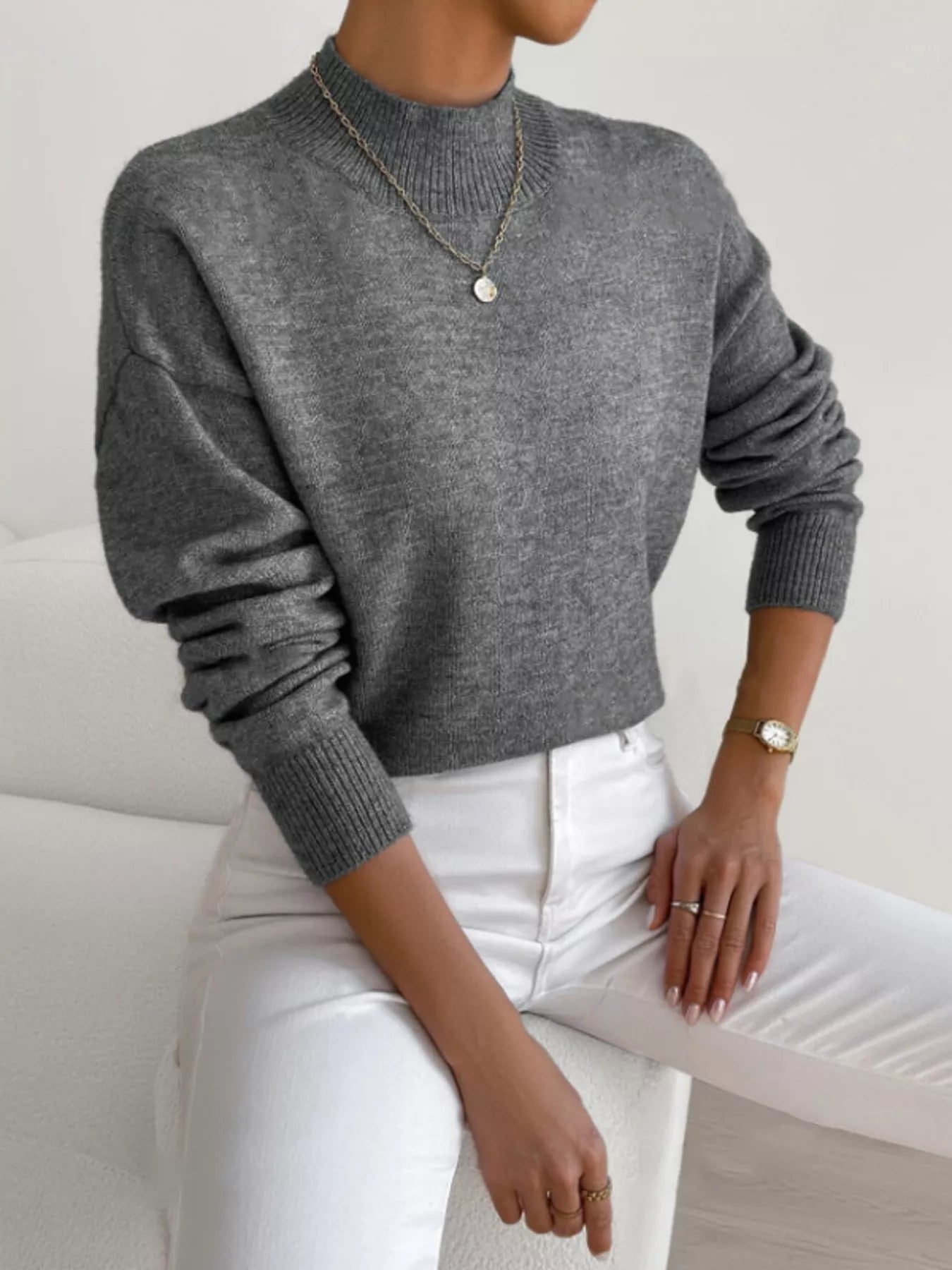 Mock Neck Dropped Shoulder Sweater-Nordavory