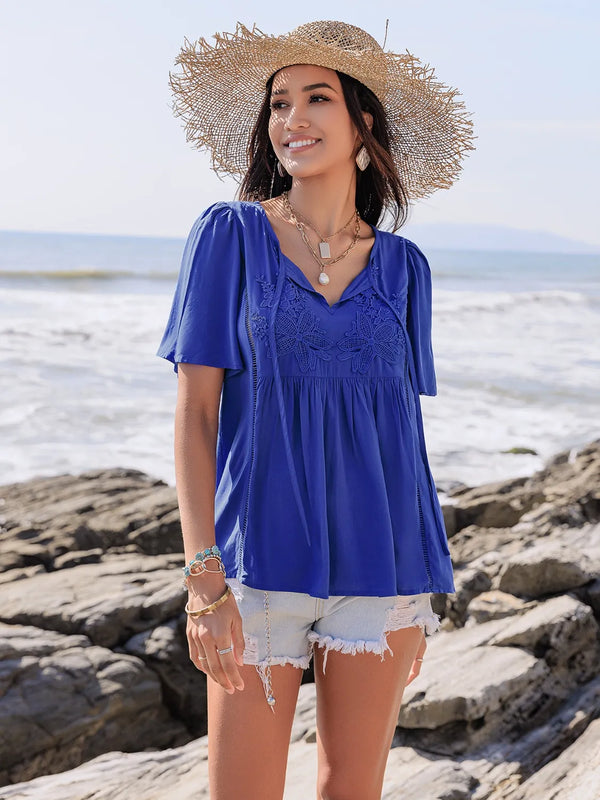 Lace Detail Tie Neck Short Sleeve Top-Nordavory