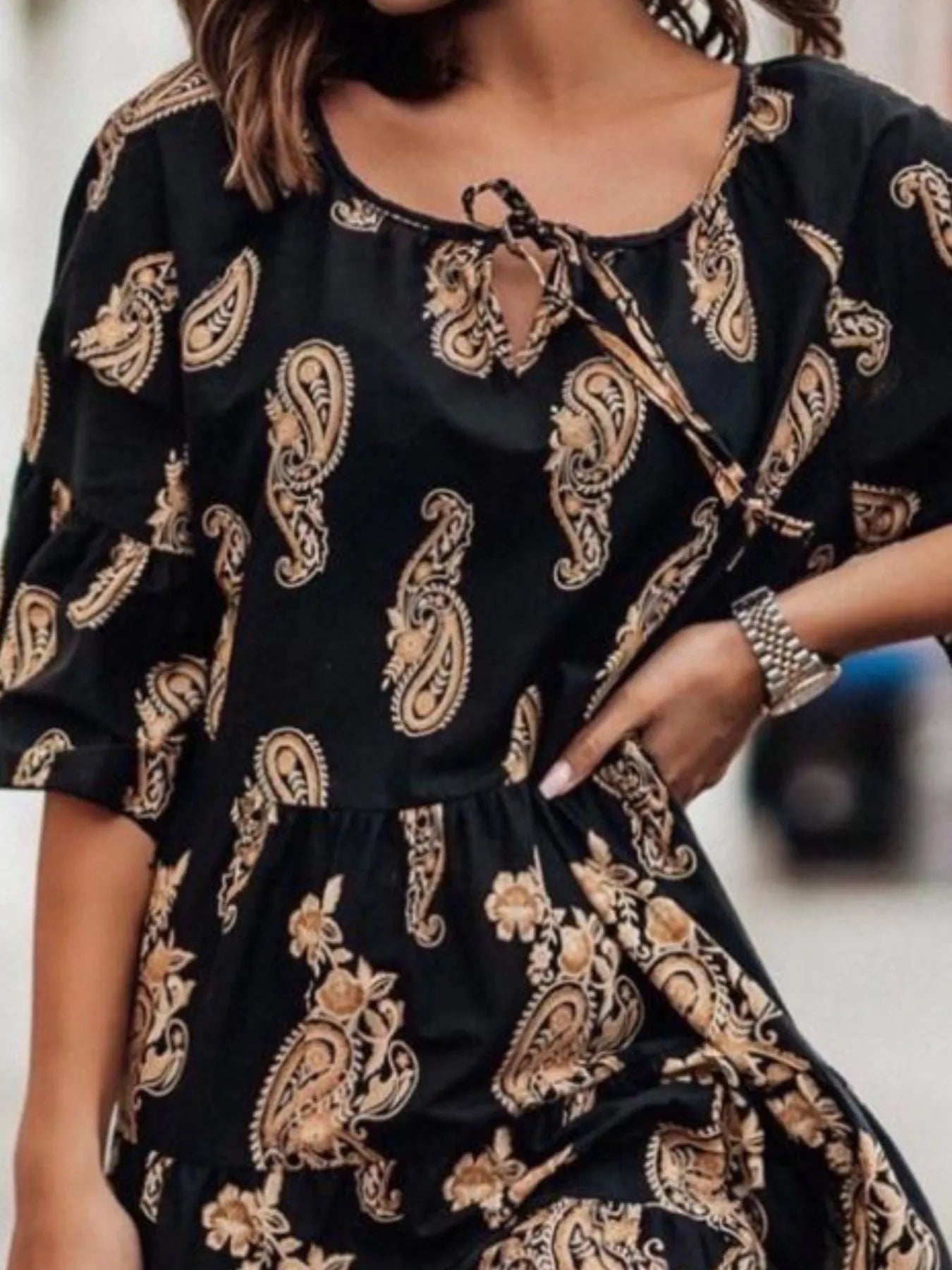 Paisley Print Tie Neck Half Sleeve Mini Dress-Nordavory