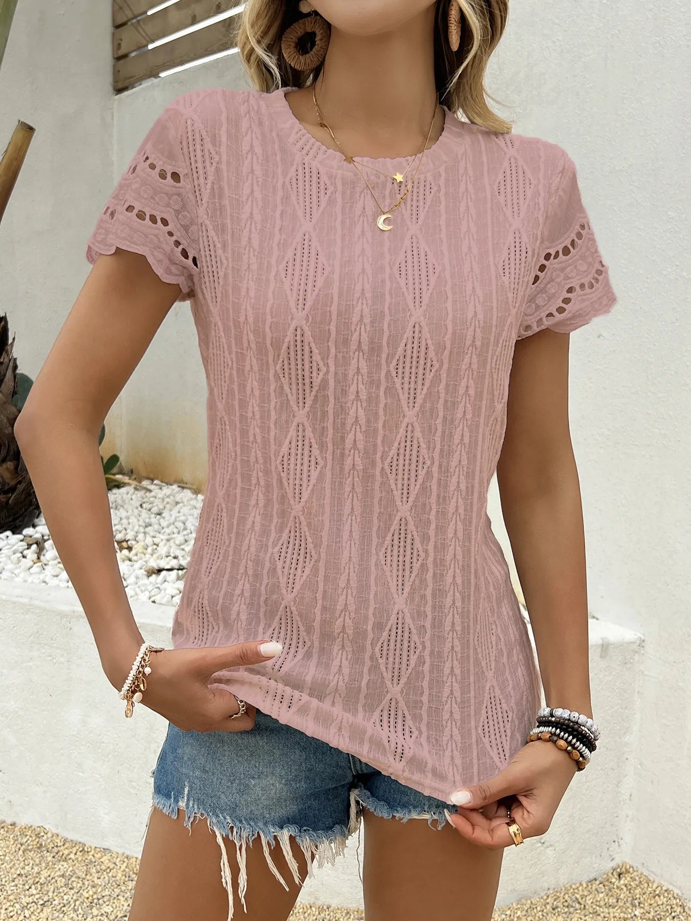 Crochet Lace Short Sleeve T-Shirt-Nordavory