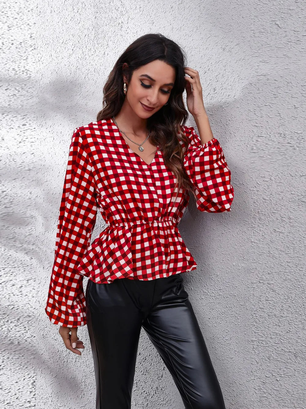 Plaid V-Neck Balloon Sleeve Peplum Blouse-Nordavory