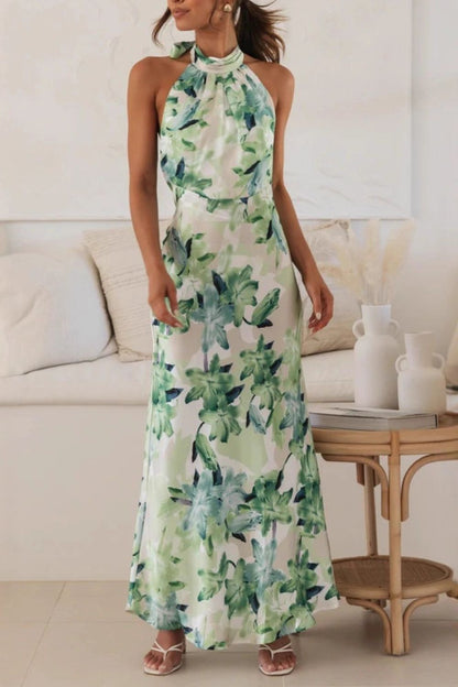Floral Print Halter Neck Maxi Dress-Nordavory