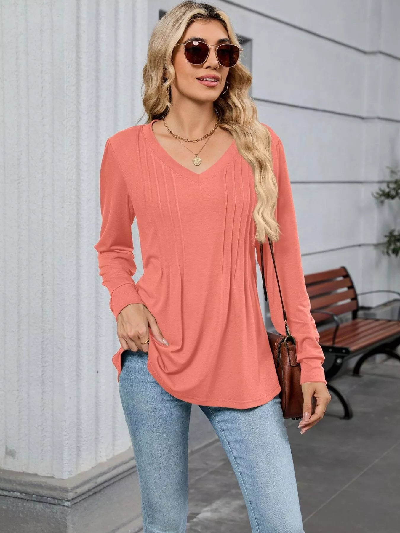 V-Neck Long Sleeve Relaxed Fit T-Shirt-Nordavory